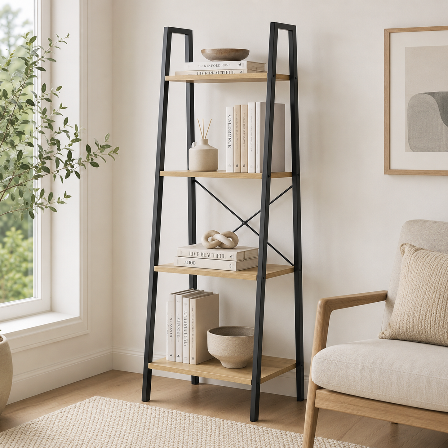 Elevate Rustic Oak 4-Tier Ladder Shelf Wood & Metal Bookcase Storage Organizer