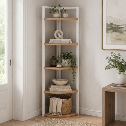Optima 5 Tier Wood & Steel Corner Shelf Organizer Unit (Rustic Oak & White)