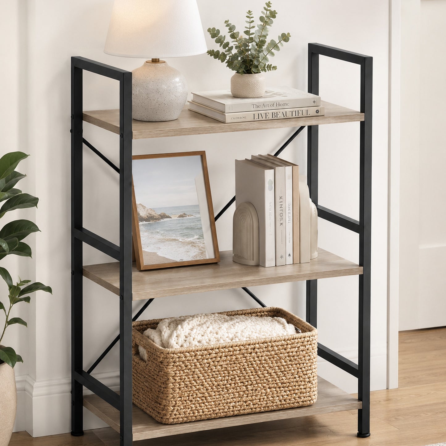 Multifunction Bookcase 3 Tier Wood Steel Storage Shelf Organizer (Coastal Oak)