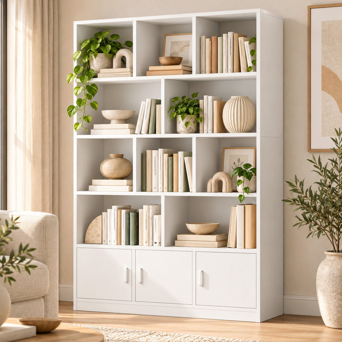Alpha 10-Shelf 3-Door Wardrobe Cupboard Bookshelf Cabinet (White)