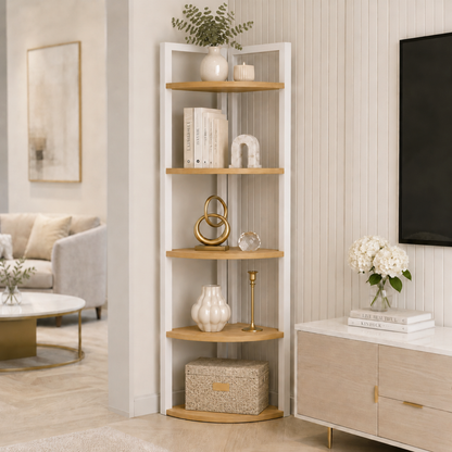 Optima 5 Tier Wood & Steel Corner Shelf Organizer Unit (Rustic Oak & White)
