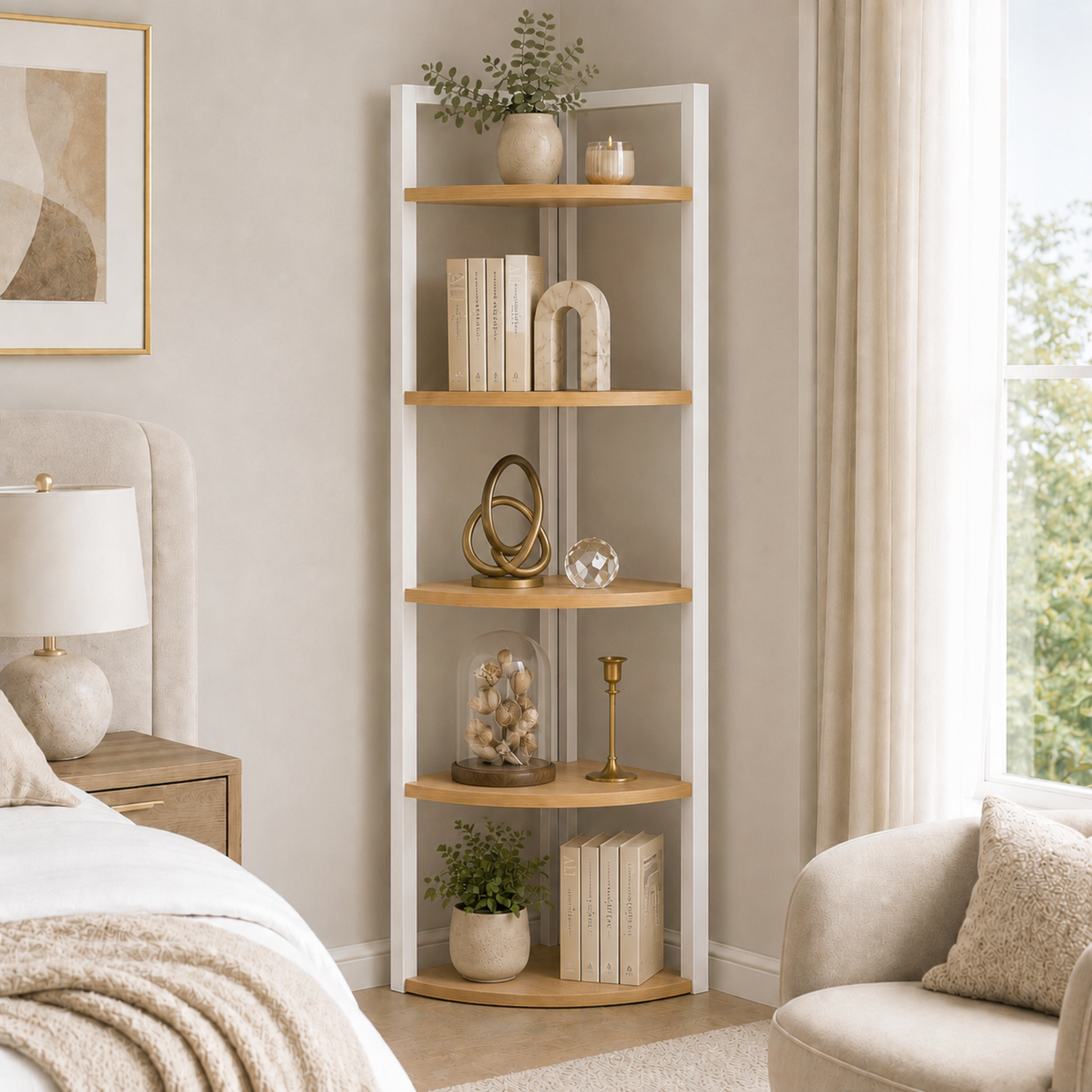Optima 5 Tier Wood & Steel Corner Shelf Organizer Unit (Rustic Oak & White)
