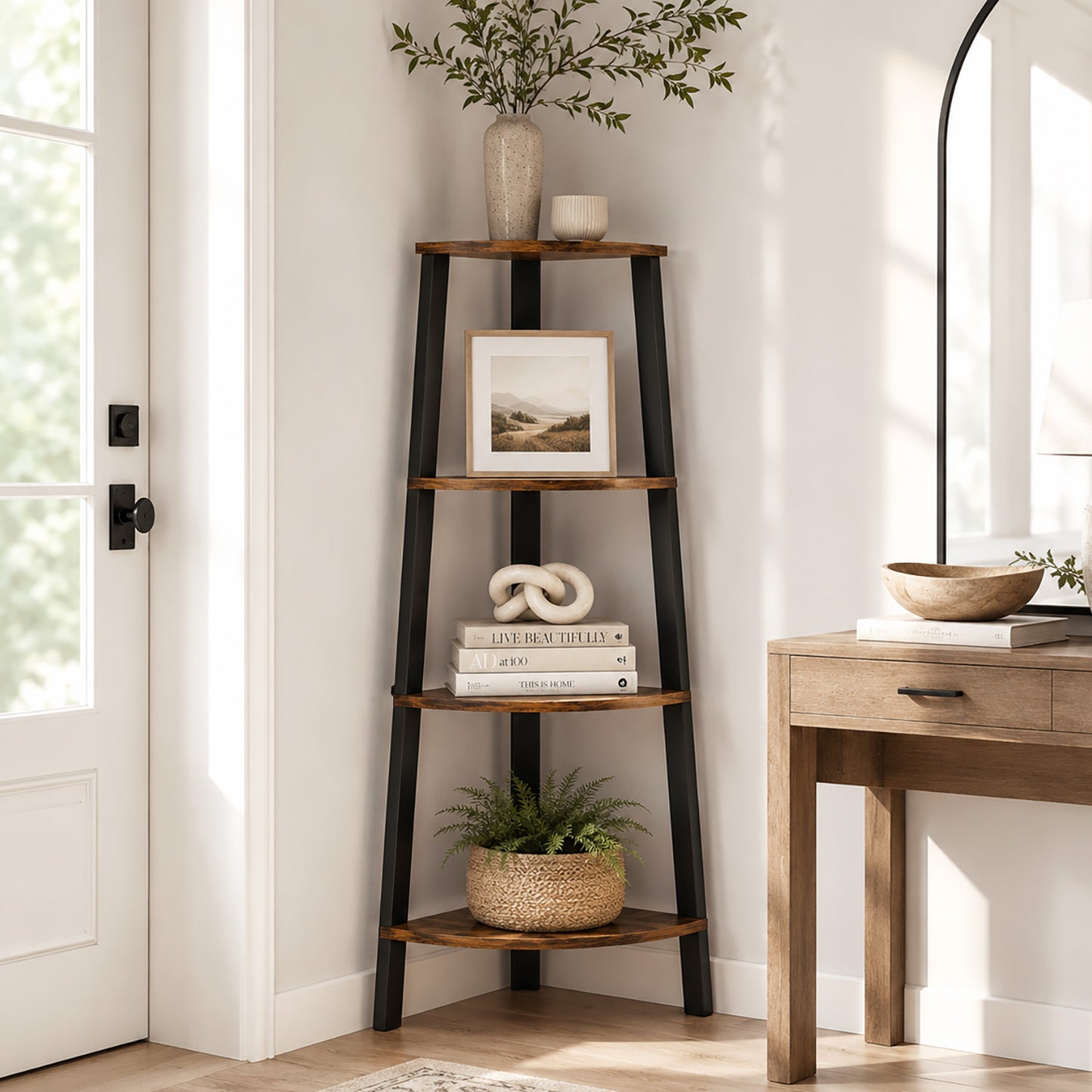 4-Tier Corner Ladder Shelf Unit Rustic Wood & Steel Display Stand Storage Rack