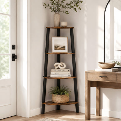 4-Tier Corner Ladder Shelf Unit Rustic Wood & Steel Display Stand Storage Rack