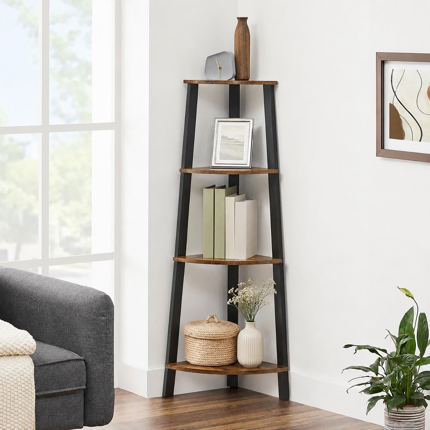 4-Tier Corner Ladder Shelf Unit Rustic Wood & Steel Display Stand Storage Rack