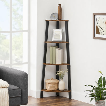 4-Tier Corner Ladder Shelf Unit Rustic Wood & Steel Display Stand Storage Rack