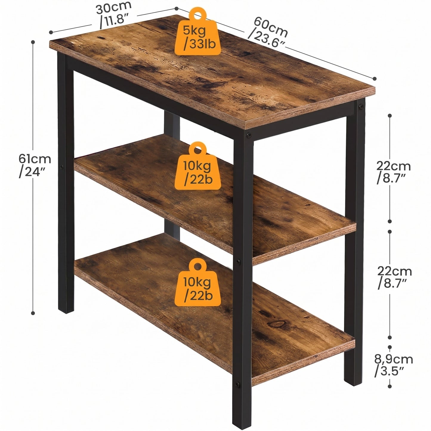 Rustic Industrial 3 Tier Storage Shelf Console Side End Table