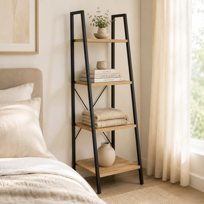 Elevate Rustic Oak 4-Tier Ladder Shelf Wood & Metal Bookcase Storage Organizer