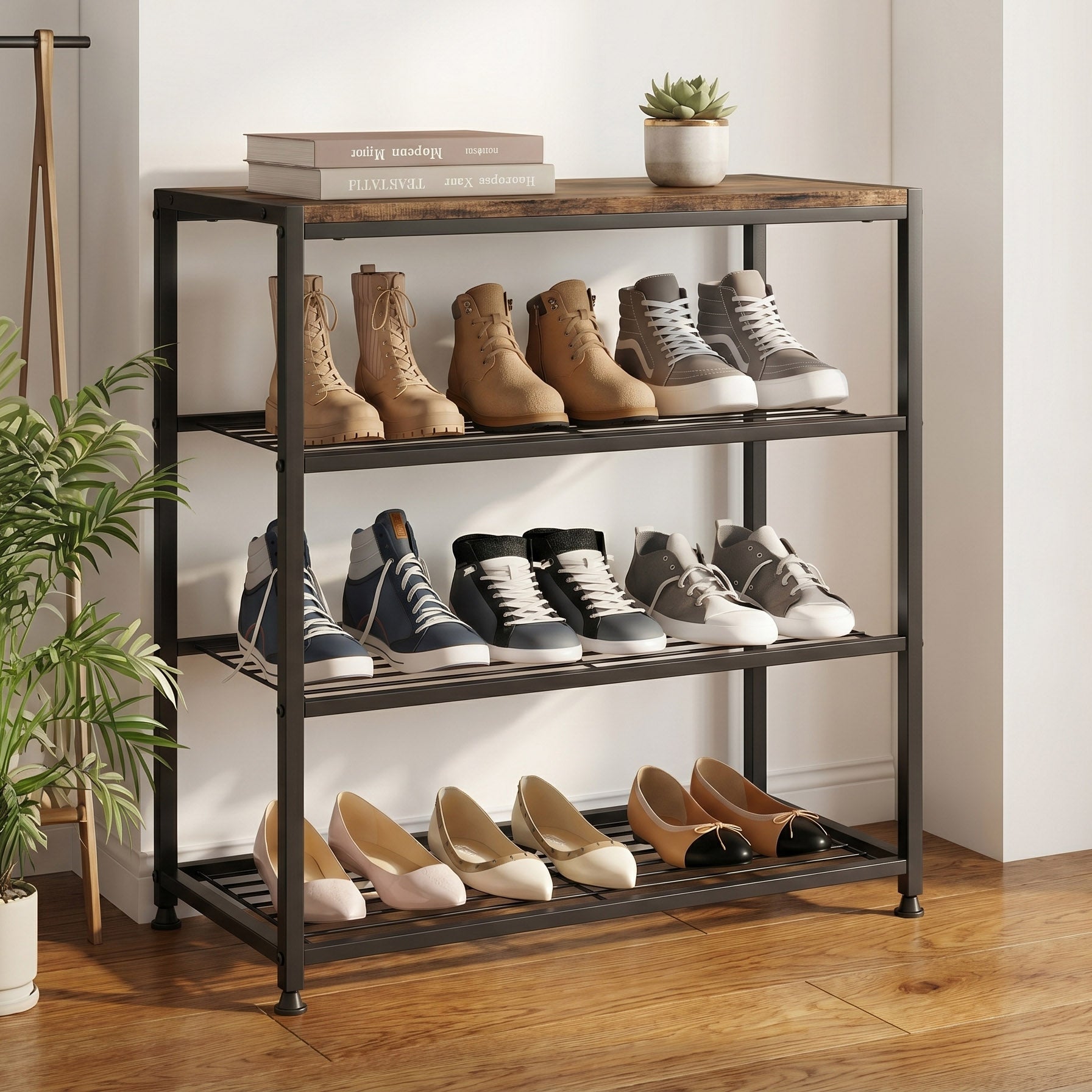 Shoe rack with various shoes on a wooden floor, plant to the side