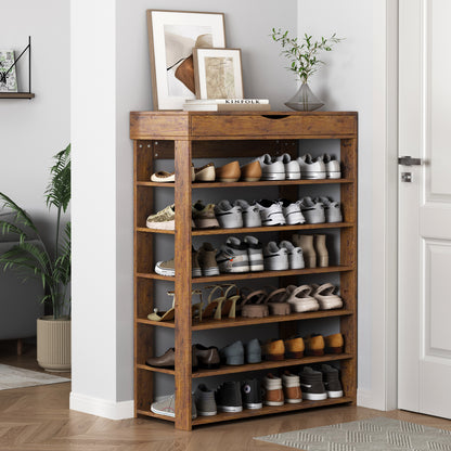 Fiesta 7 Tier Extra Spacious Wooden Shoe Rack Organizer Shelf Cabinet (Rustic Wood)