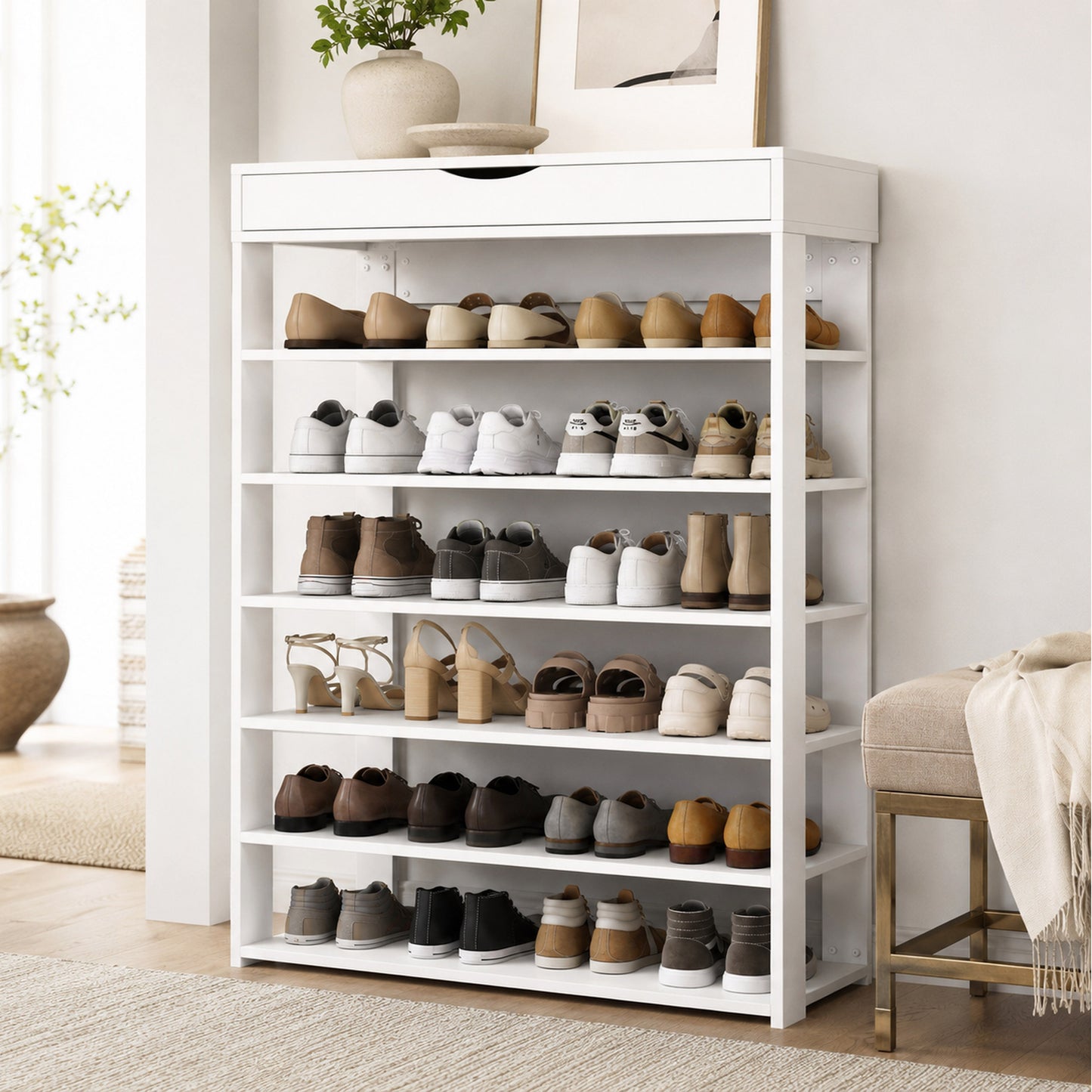 Fiesta 7 Tier Extra Spacious Wooden Shoe Rack Organizer Shelf Cabinet (White)