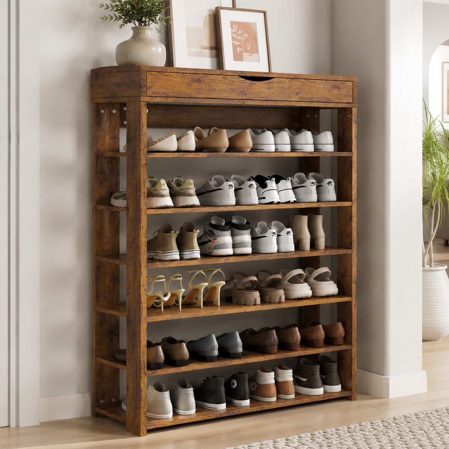 Fiesta 7 Tier Extra Spacious Wooden Shoe Rack Organizer Shelf Cabinet (Rustic Wood)
