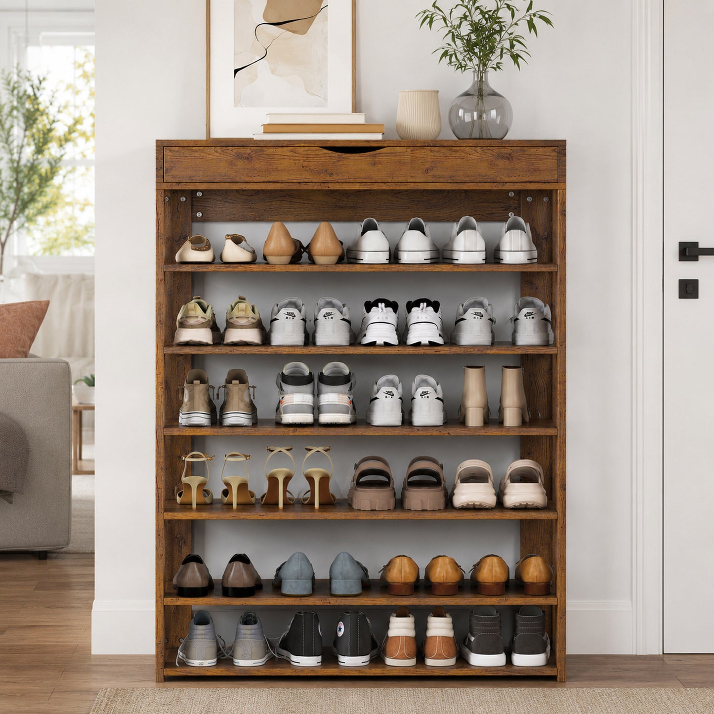 Fiesta 7 Tier Extra Spacious Wooden Shoe Rack Organizer Shelf Cabinet (Rustic Wood)