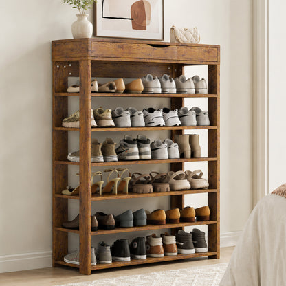 Fiesta 7 Tier Extra Spacious Wooden Shoe Rack Organizer Shelf Cabinet (Rustic Wood)