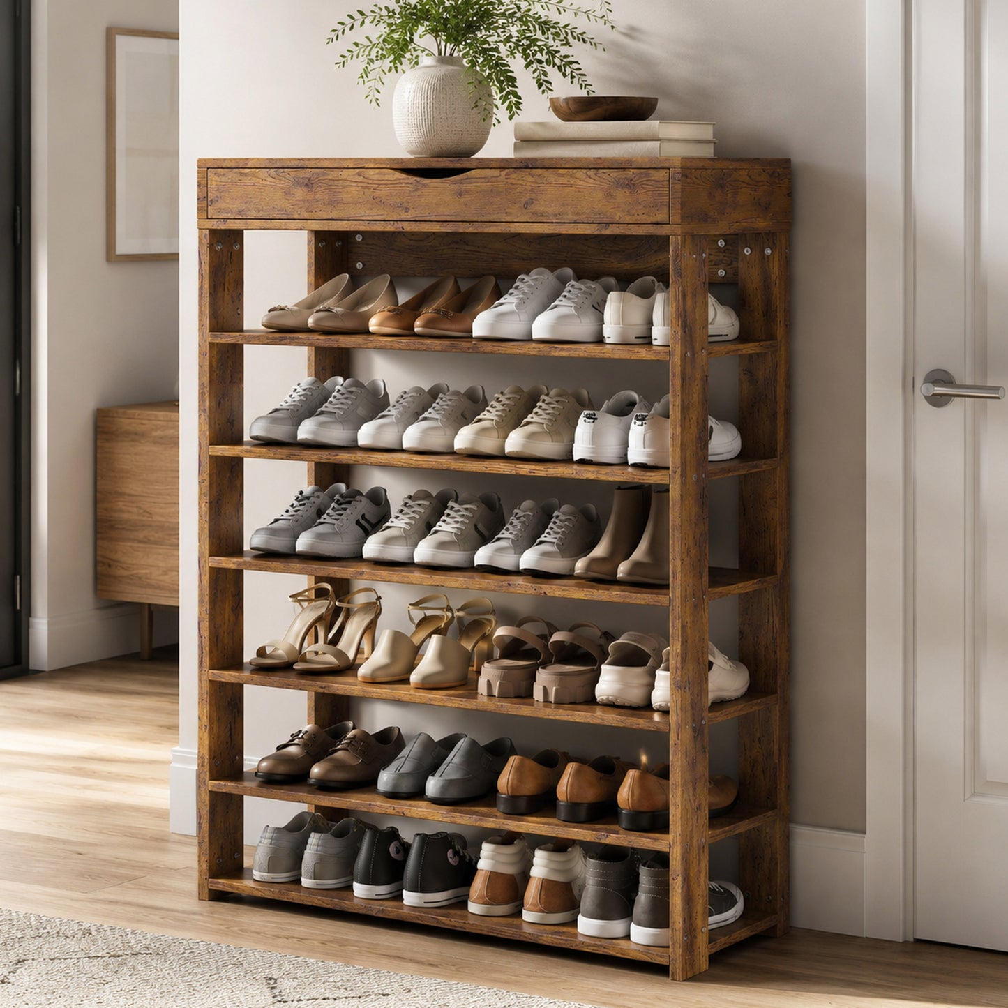 Fiesta 7 Tier Extra Spacious Wooden Shoe Rack Organizer Shelf Cabinet (Rustic Wood)