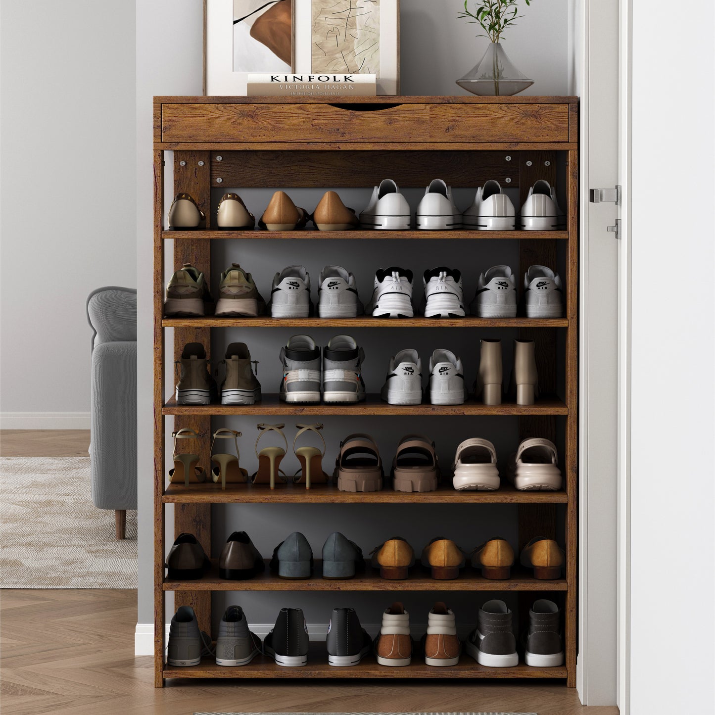 Fiesta 7 Tier Extra Spacious Wooden Shoe Rack Organizer Shelf Cabinet (Rustic Wood)