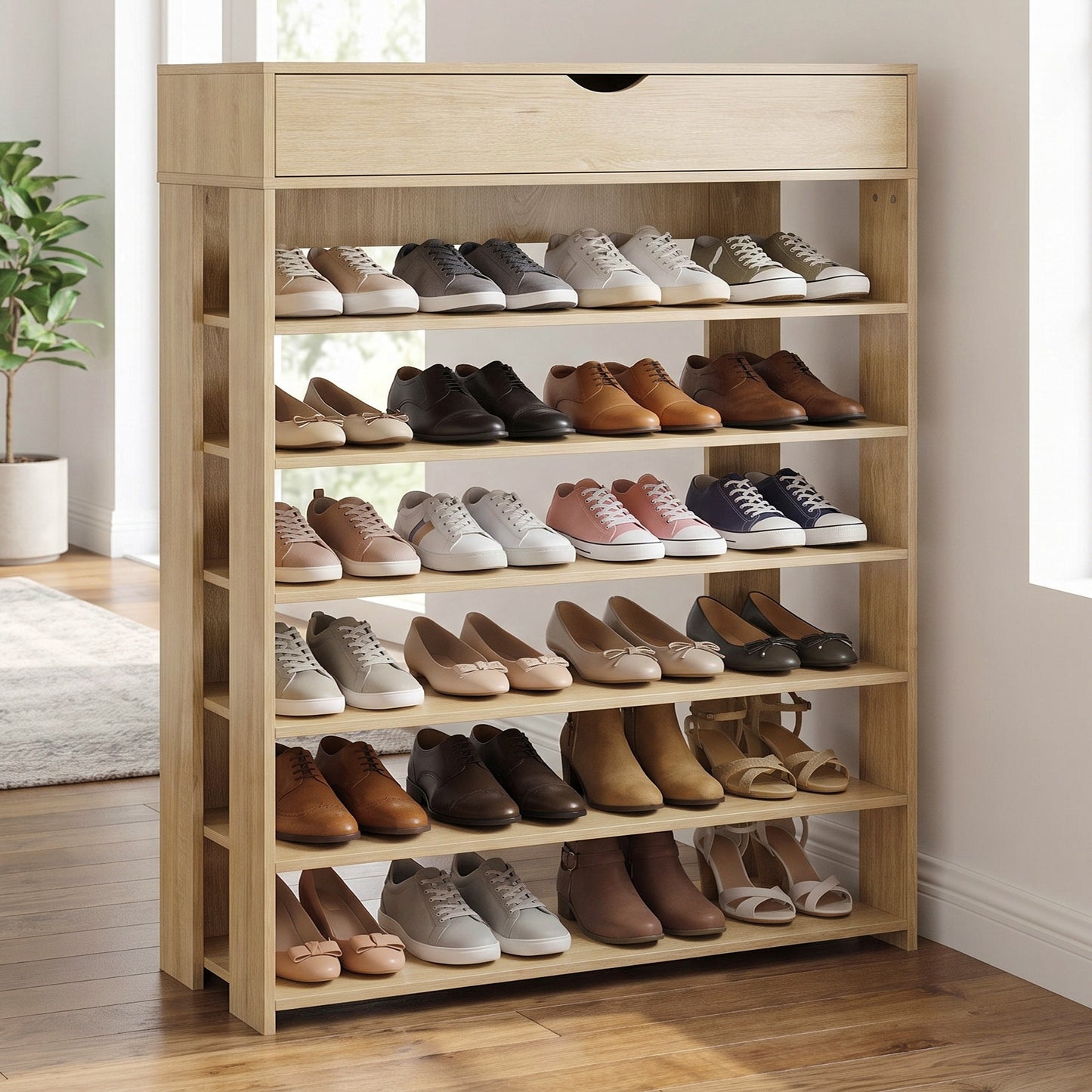 Fiesta 7 Tier Extra Spacious Wooden Shoe Rack Organizer Shelf Cabinet (Natural Oak)