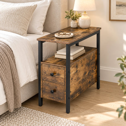 Verona Rustic Wood & Metal Bedside Sofa Side Table with Drawers
