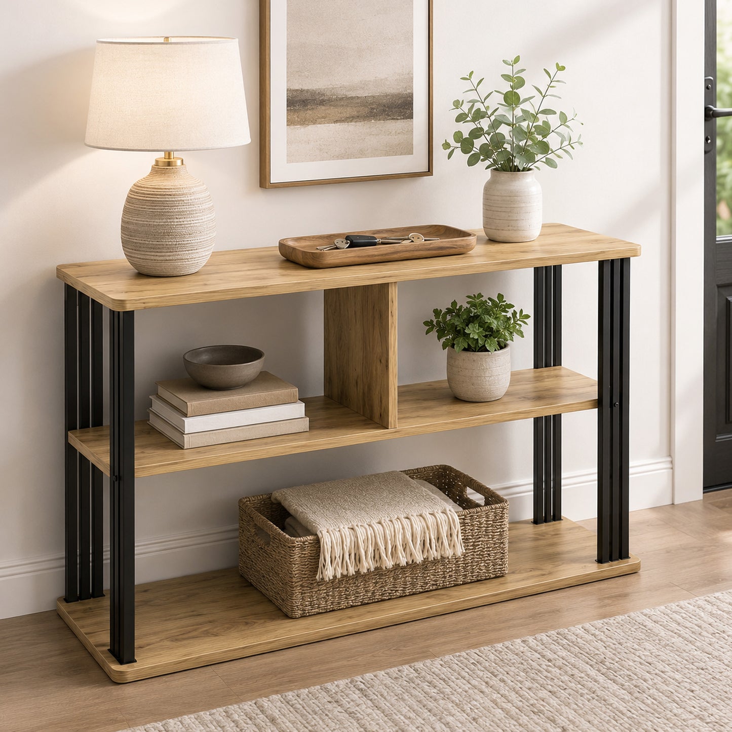 Icon Wood and Steel Sofa Side Table with Shelves (Oak)