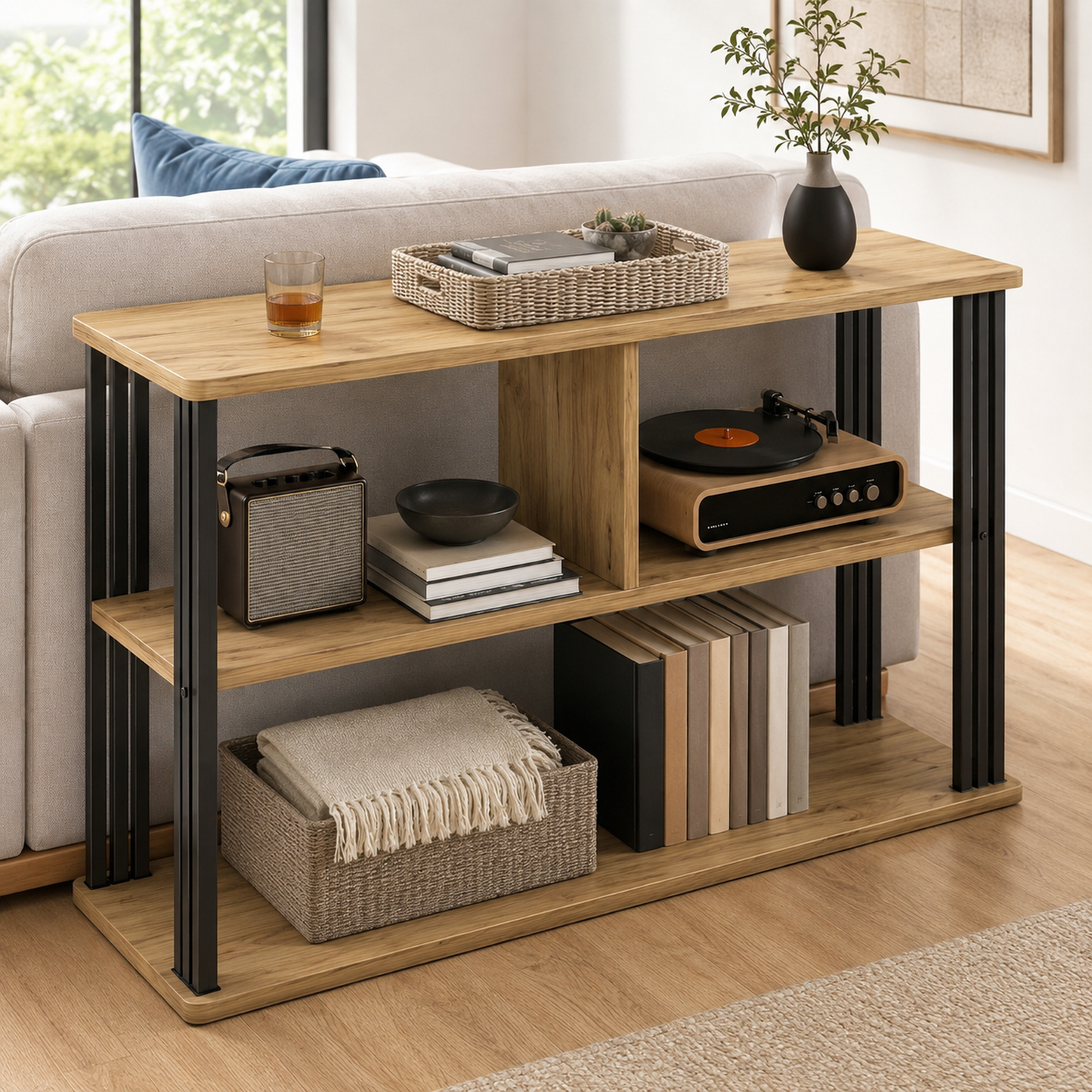 Icon Wood and Steel Sofa Side Table with Shelves (Rustic Oak)