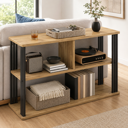 Icon Wood and Steel Sofa Side Table with Shelves (Rustic Oak)