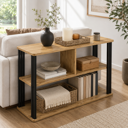 Icon Wood and Steel Sofa Side Table with Shelves (Rustic Oak)