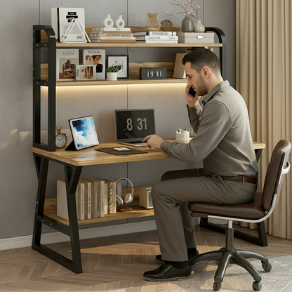 Aspire Large Industrial Office Computer Desk Workstation with Bookshelf (Oak)