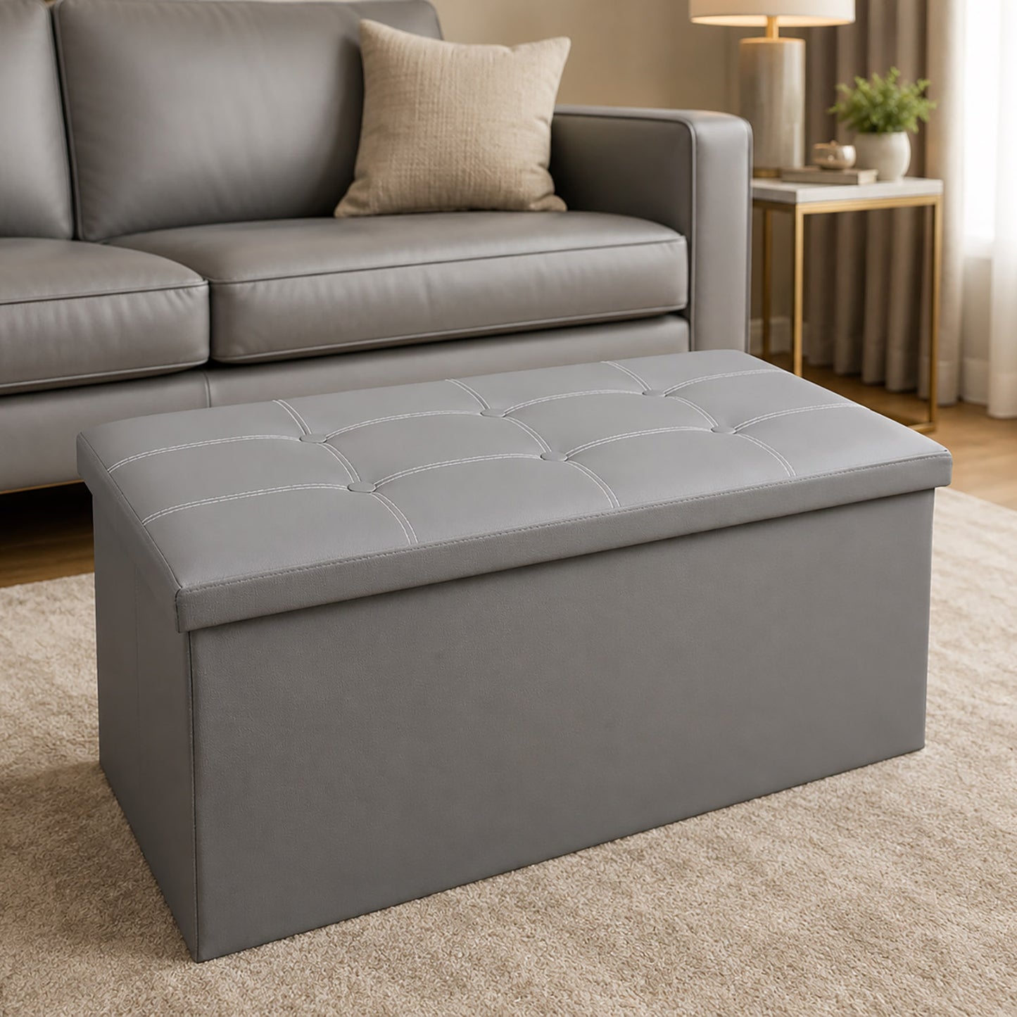 XL Rectangle PU Leather Ottoman Foldable Storage Stool (Grey)