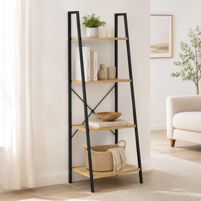 Elevate Rustic Oak 4-Tier Ladder Shelf Wood & Metal Bookcase Storage Organizer