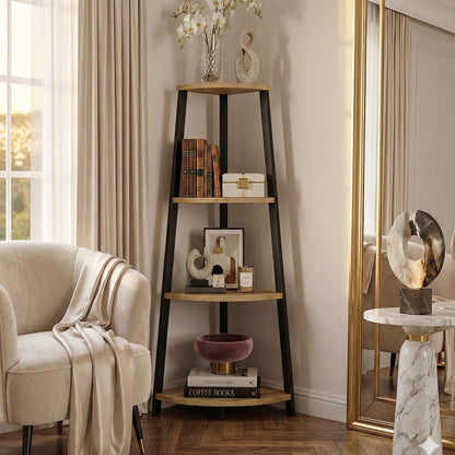 4-Tier Corner Ladder Shelf Unit Rustic Oak Wood & Steel Display Stand Storage Rack