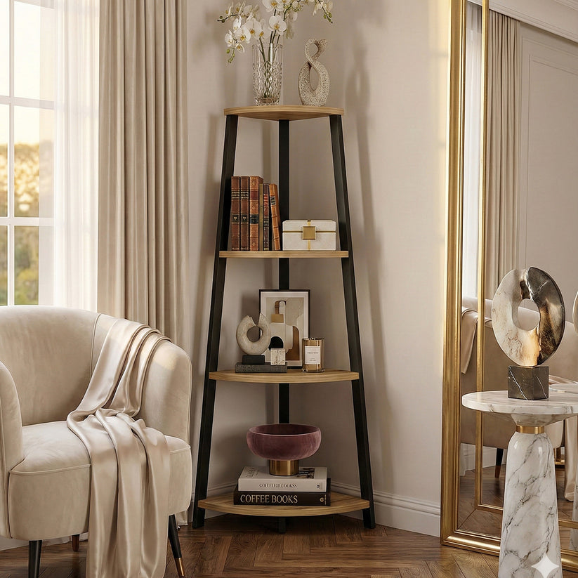 4-Tier Corner Ladder Shelf Unit Rustic Oak Wood & Steel Display Stand