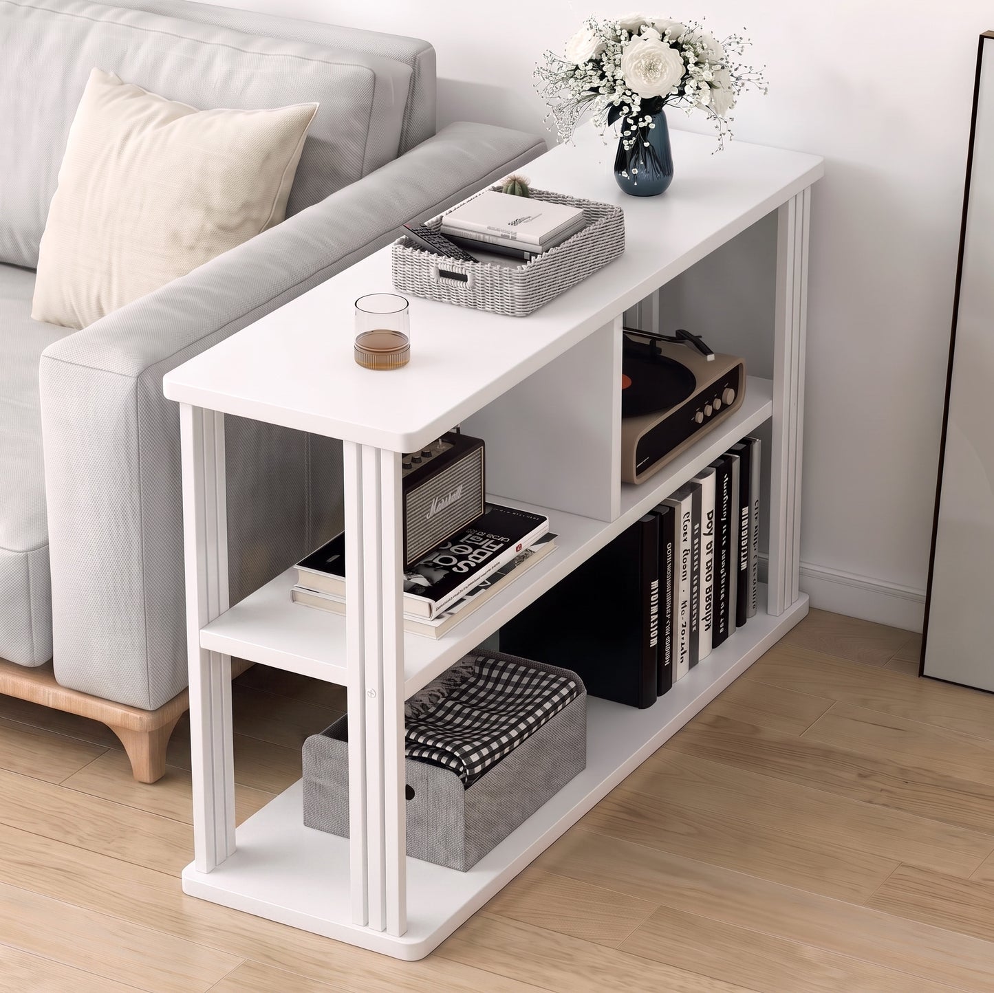 Icon Wood and Steel Sofa Side Table with Shelves (White)