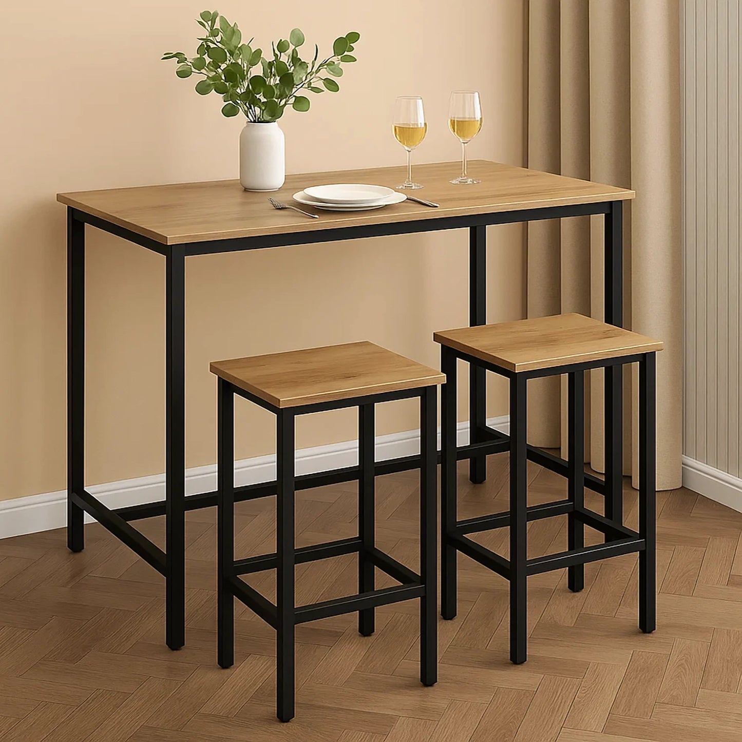 3 Piece Grandeur Premium Wood & Steel Bar Table and Stools Dinning Set (Rustic Oak)