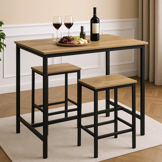 3 Piece Grandeur Premium Wood & Steel Bar Table and Stools Dinning Set (Rustic Oak)