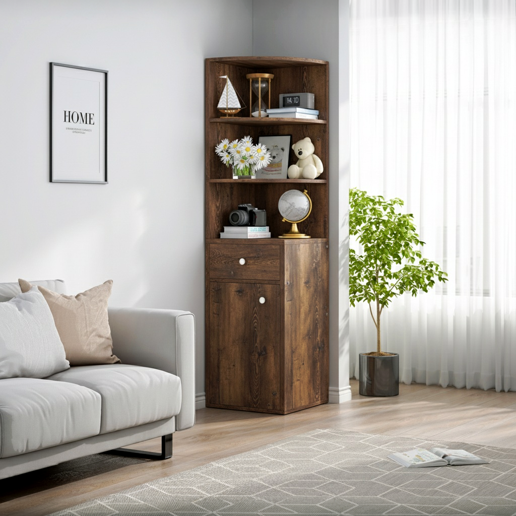 Vision Stylish Rustic Wooden Corner Shelf Unit with Cabinet & Drawer