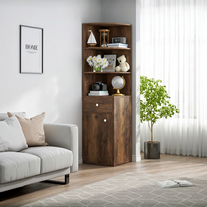 Vision Stylish Rustic Wooden Corner Shelf Unit with Cabinet & Drawer