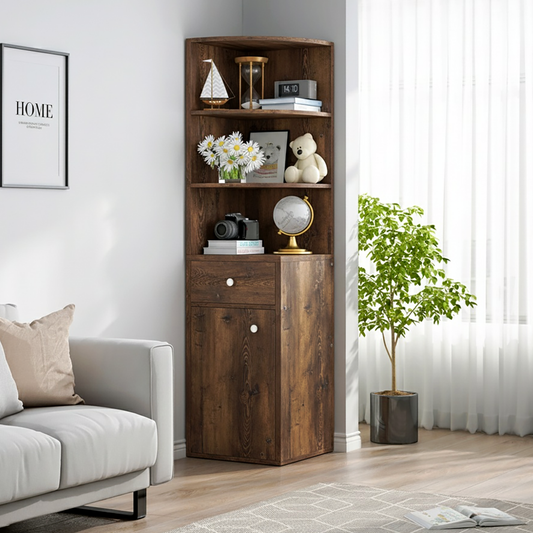 Vision Stylish Rustic Wooden Corner Shelf Unit with Cabinet & Drawer