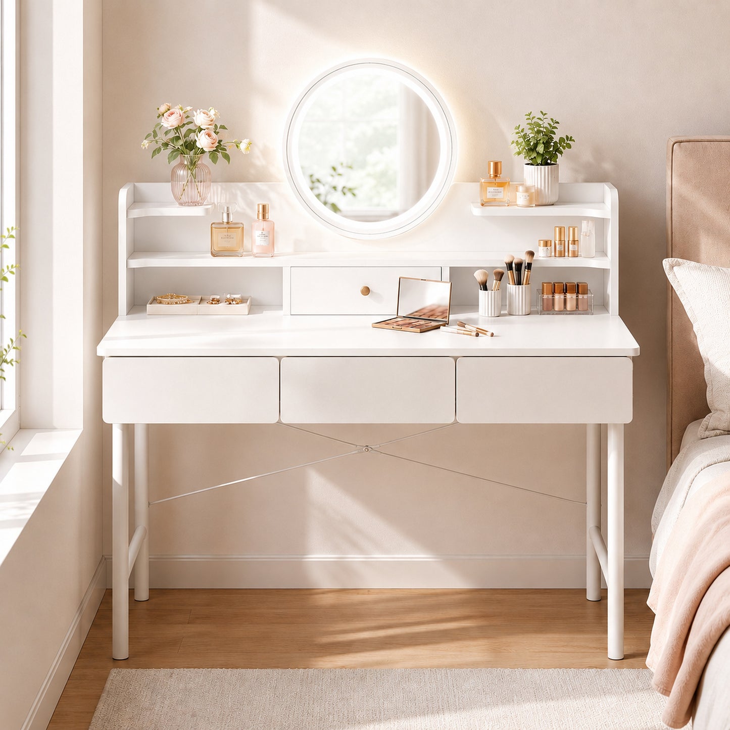 Luxe LED Large White Makeup Vanity Dressing Table Mirror Drawers Shelves