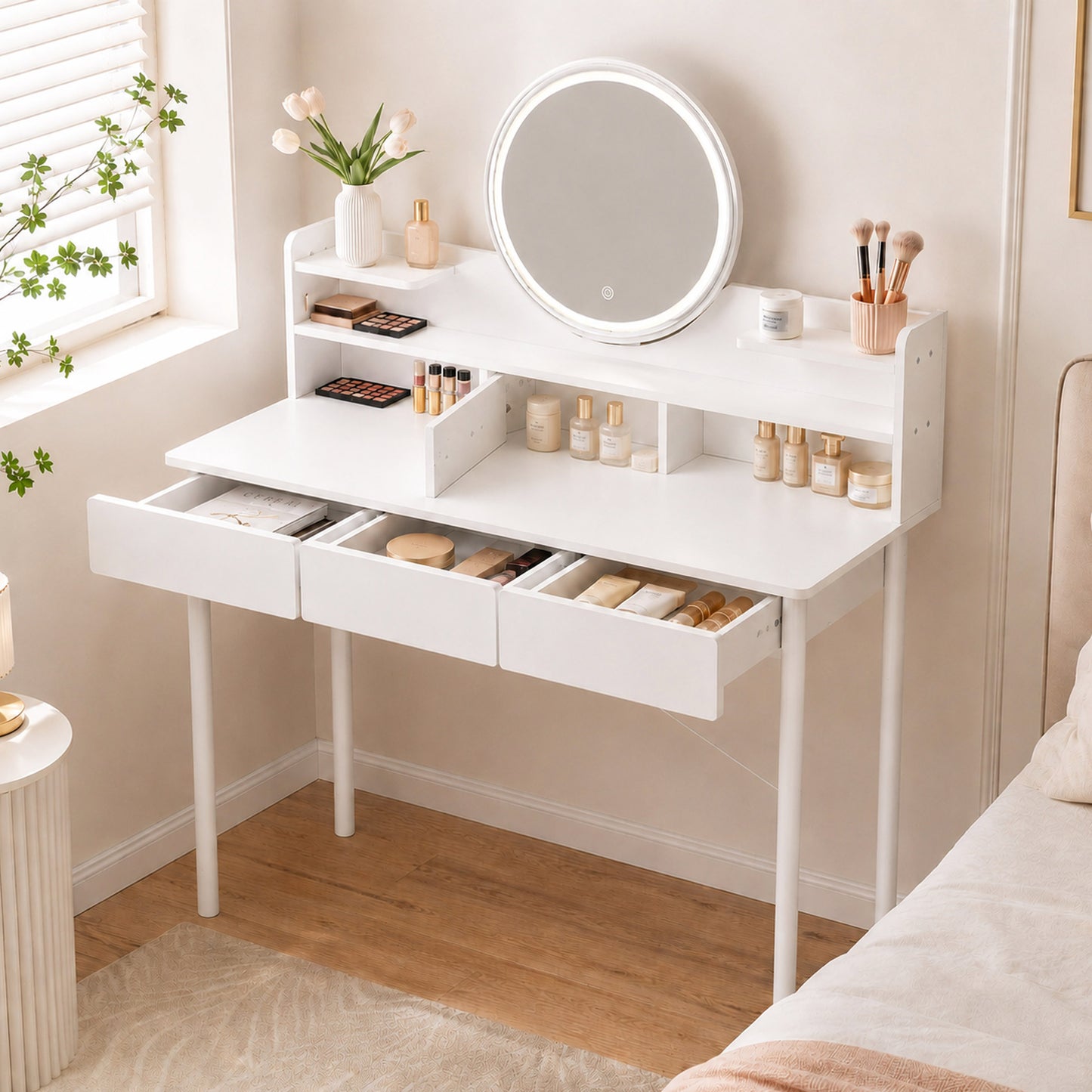 Luxe LED Large White Makeup Vanity Dressing Table Mirror Drawers Shelves