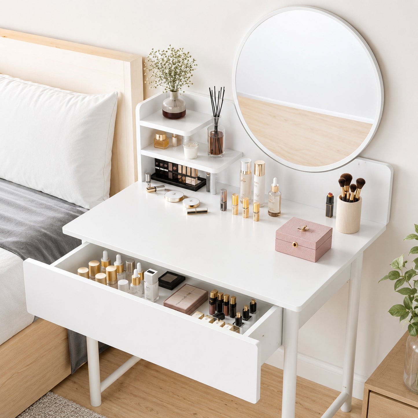 Luxe LED White Makeup Vanity Dressing Table Mirror Storage Shelves