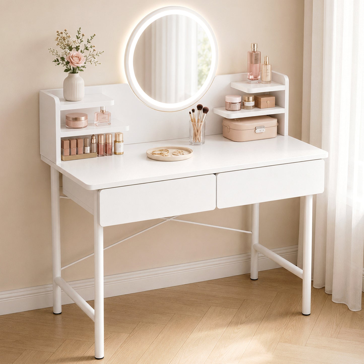 Luxe LED White Makeup Vanity Dressing Table Mirror Drawers Shelves