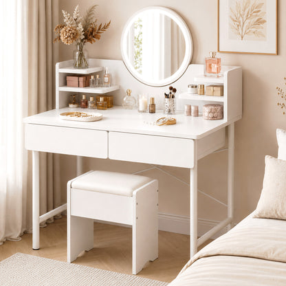 Luxe White Dressing Table LED Mirror Makeup Vanity Drawers Stool Set