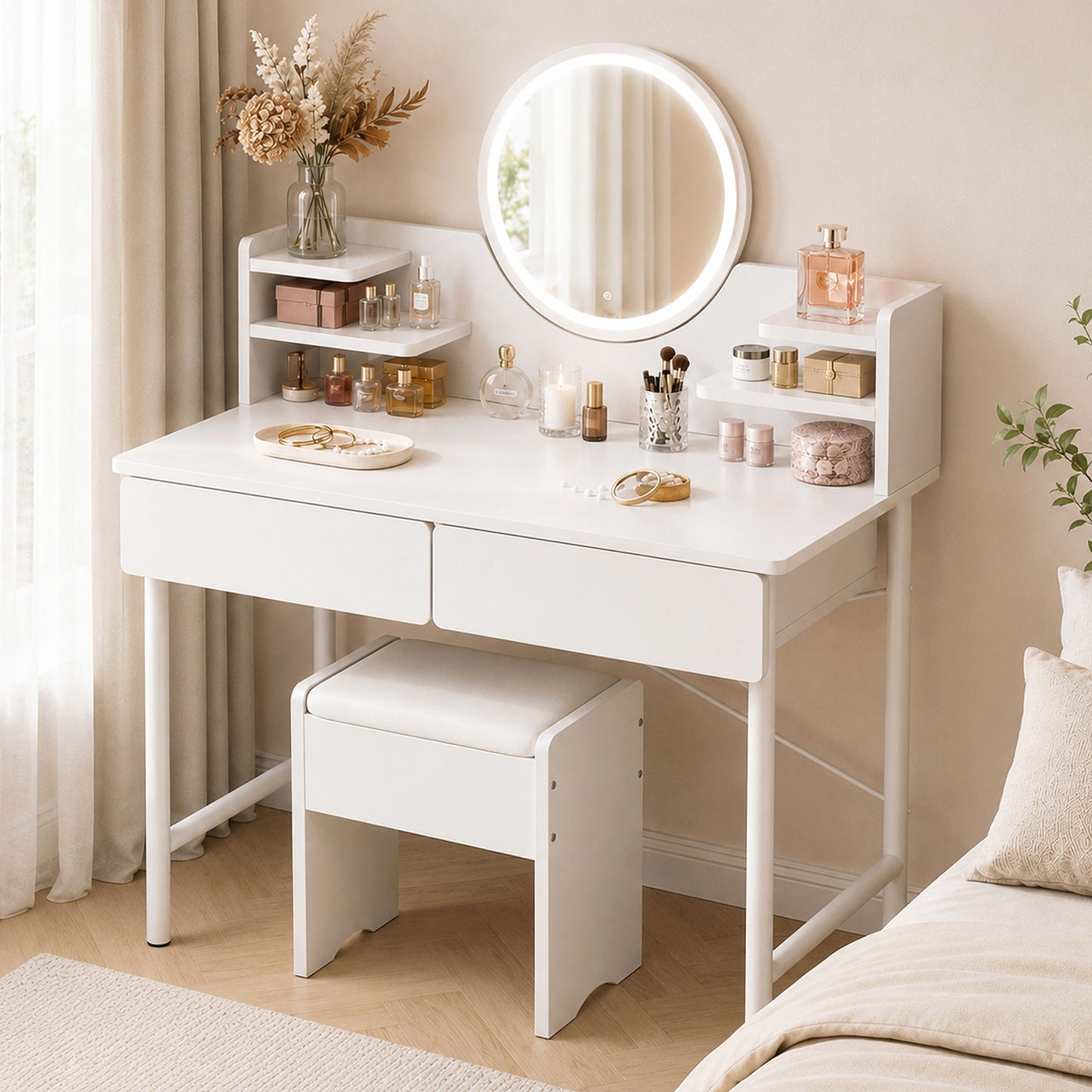 Luxe White Dressing Table LED Mirror Makeup Vanity Drawers Stool Set
