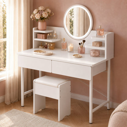 Luxe White Dressing Table LED Mirror Makeup Vanity Drawers Stool Set