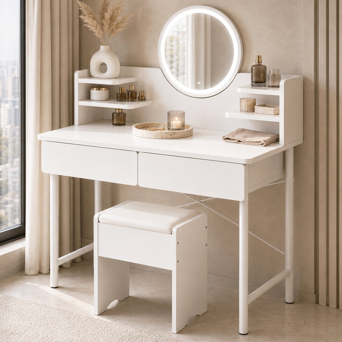Luxe White Dressing Table LED Mirror Makeup Vanity Drawers Stool Set