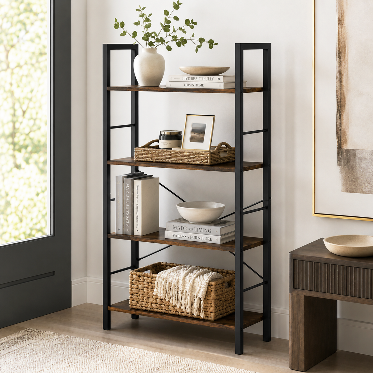 Multifunction Bookcase 4 Tier Rustic Wood & Steel Storage Shelf Organizer