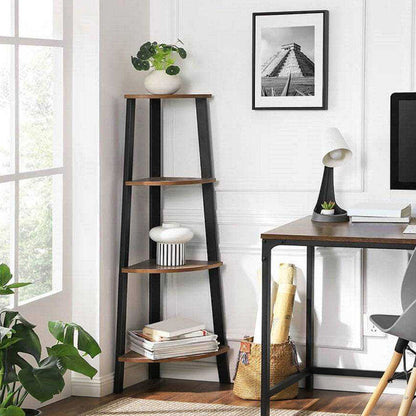 4-Tier Corner Ladder Shelf Unit Rustic Wood & Steel Display Stand Storage Rack