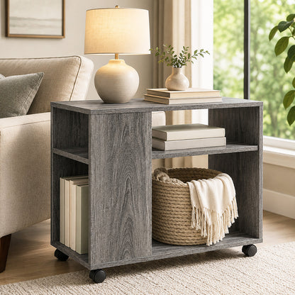 Versatile Sofa Side Table & Magazine Shelf with Casters (Driftwood)