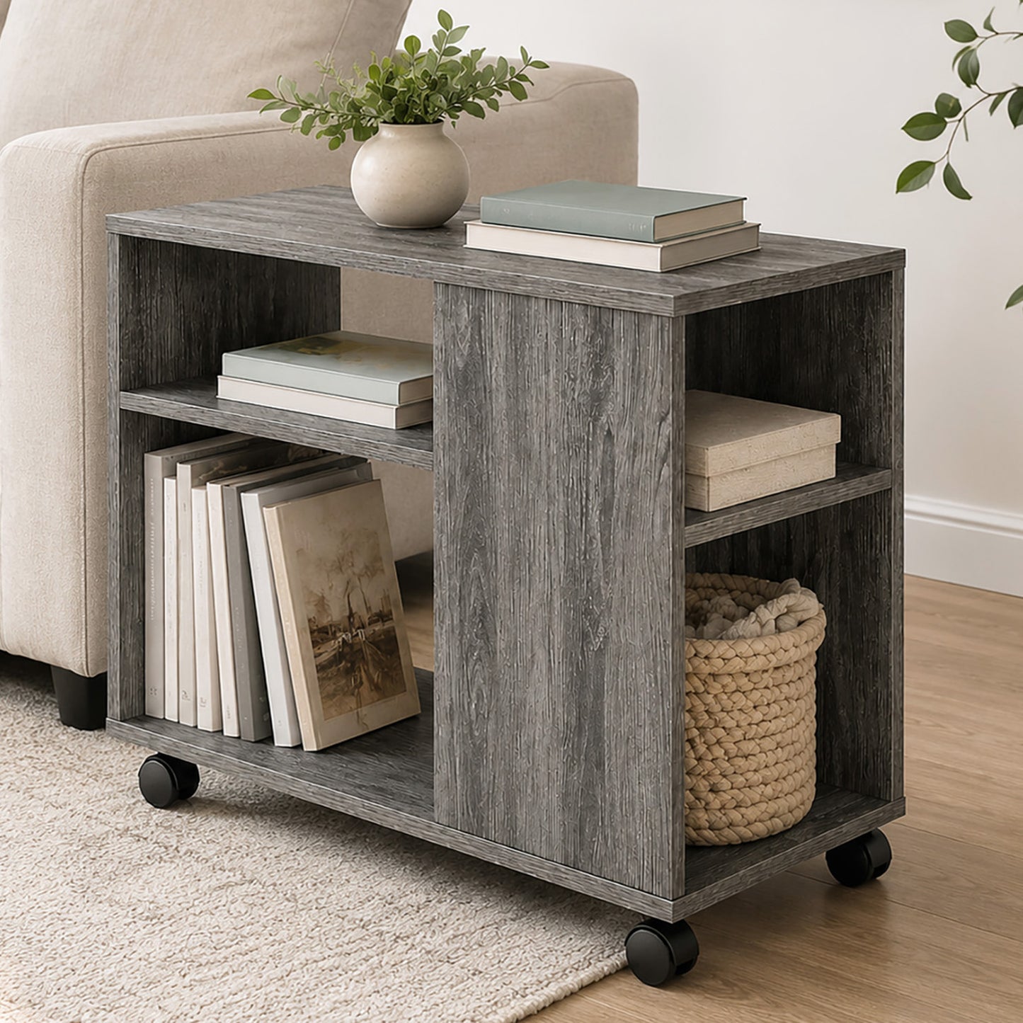 Versatile Sofa Side Table & Magazine Shelf with Casters (Driftwood)