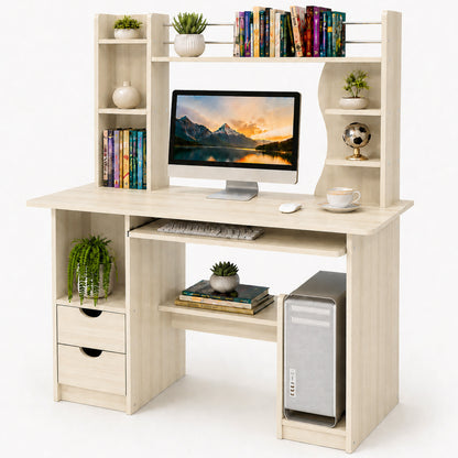 Expert Computer Desk Workstation with Shelf & Cabinet  (White Oak)